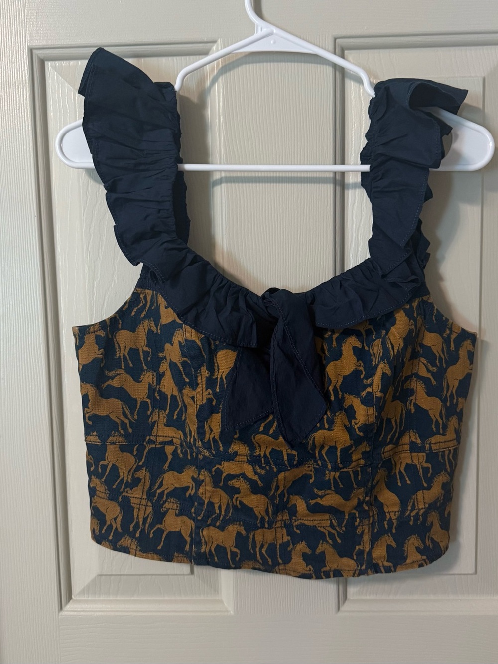 Maeve Navy & Brown Horse-Print Ruffle Tie-Front Crop Top - Picture 2 of 4